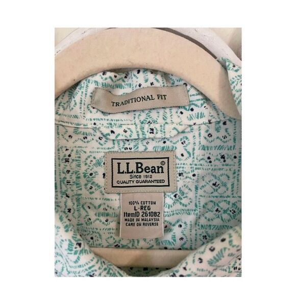 L.L. Bean Printed Aqua Blue White Short Sleeve Button Up Shirt Size Large 100% C - Picture 4 of 7